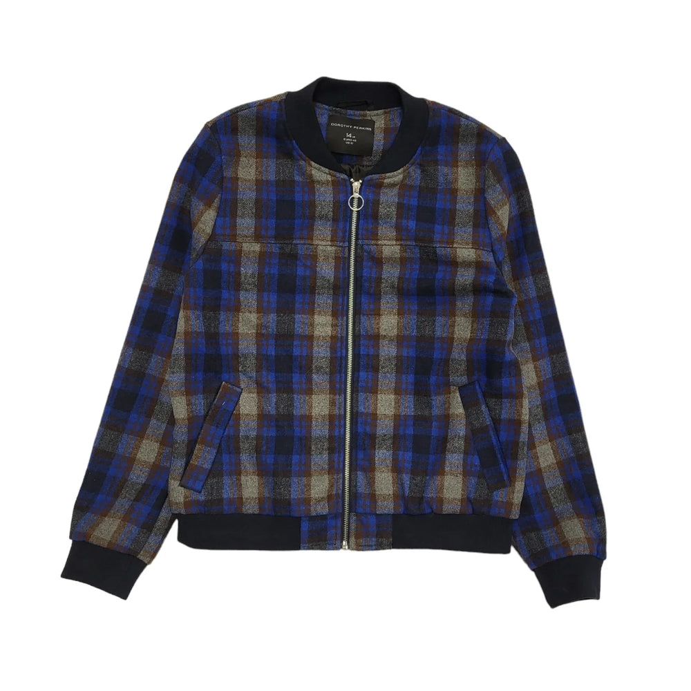 Dorothy Perkins Blue Grey Check Zipped Bomber Jacket Uk Women's Size 14 DD425