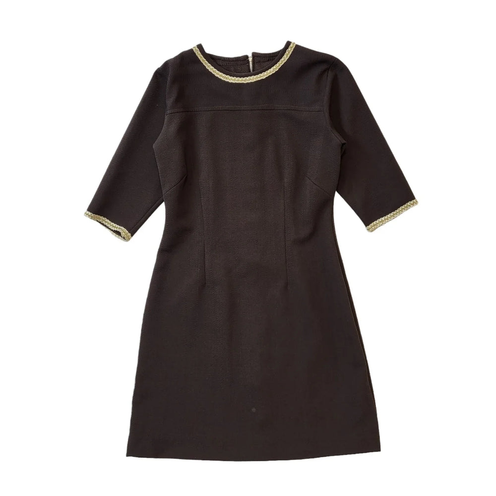 70s Vintage Brown Shift Dress With Gold Trim Women's Size 12