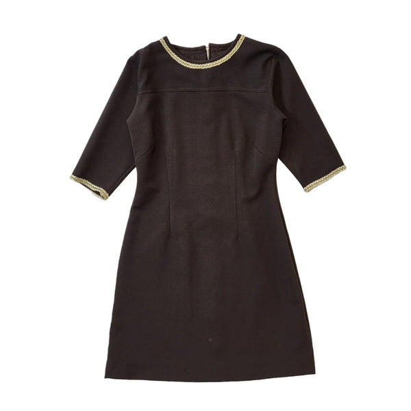 70s Vintage Brown Shift Dress With Gold Trim Women's Size 12
