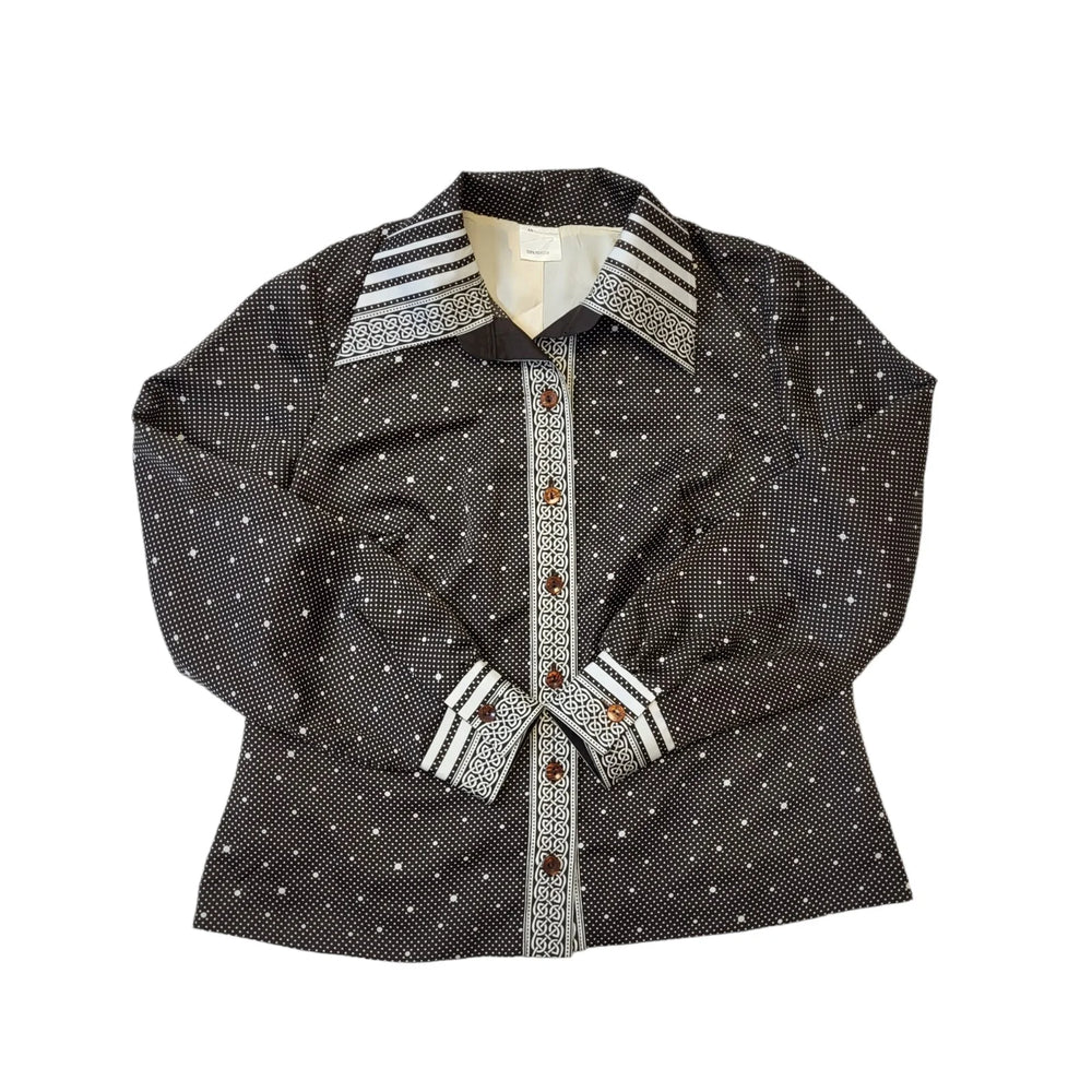 70s Vintage Brown & White Long Sleeve Polka Dot Blouse Women's Size 18