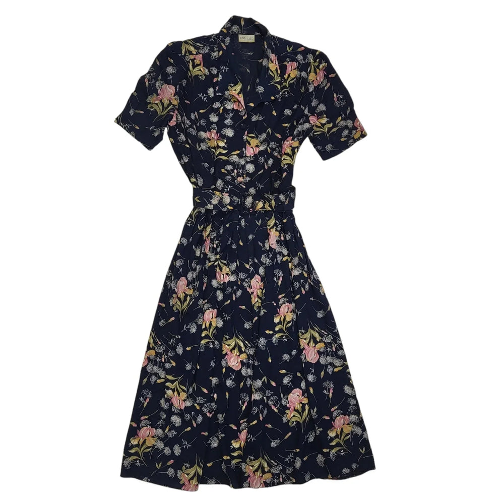 Bhs 80s Vintage Blue Floral Belted & Collared Dress Women's 10
