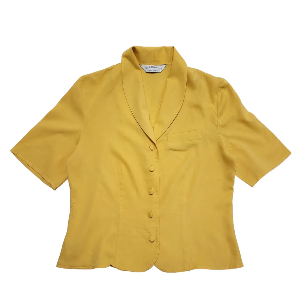 St Michael Vintage 80's Yellow Button Up Short Sleeve Blouse Uk Women's 14